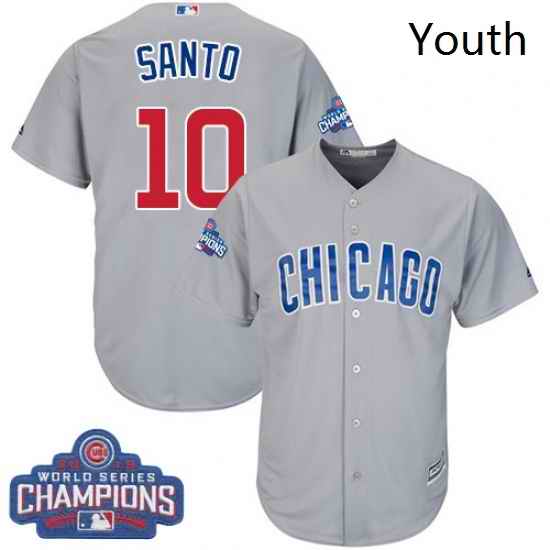 Youth Majestic Chicago Cubs 10 Ron Santo Authentic Grey Road 2016 World Series Champions Cool Base MLB Jersey